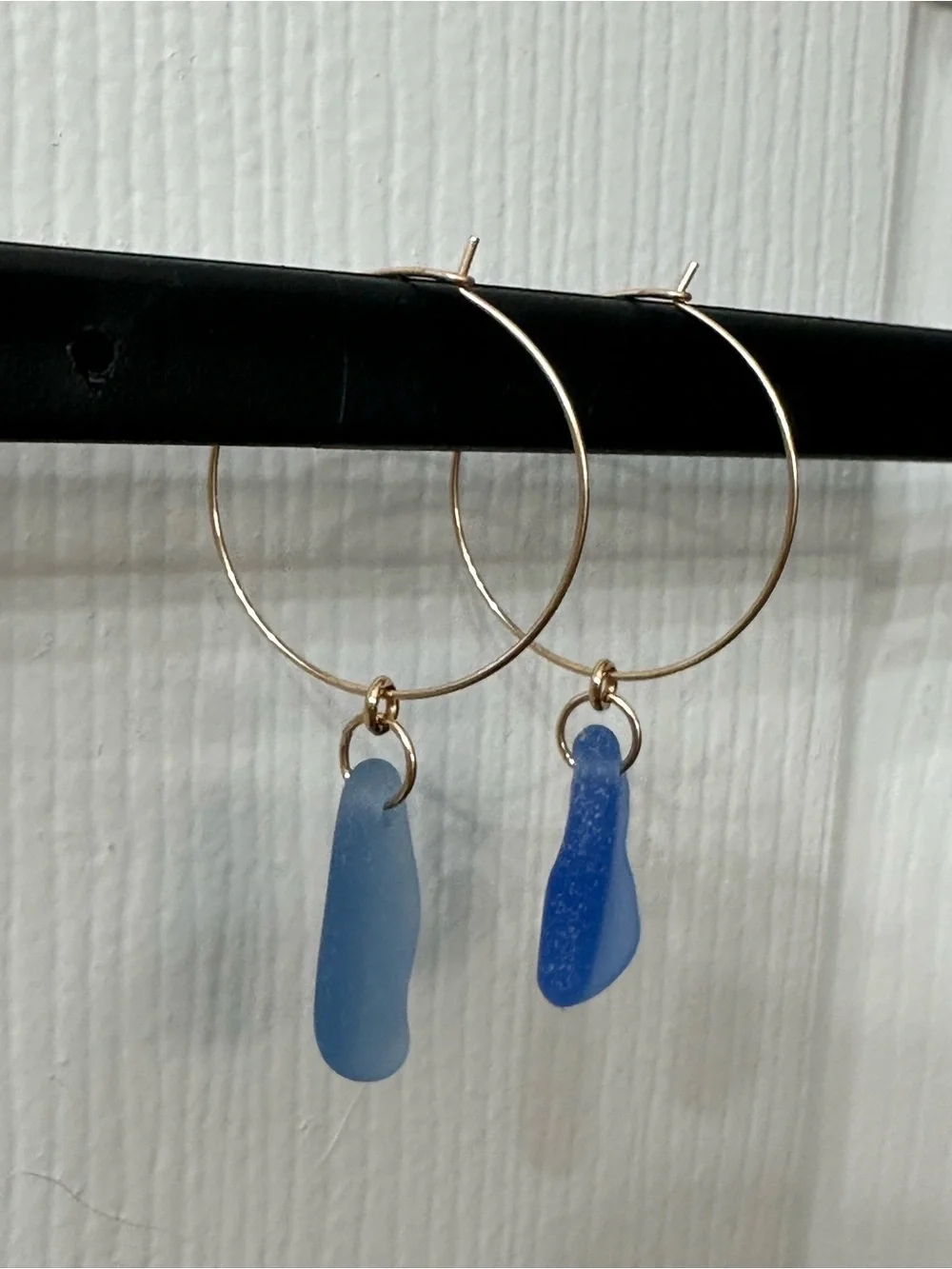 14k Gold-Filled Earrings Hoops Blue Seaglass Beachy Handmade 2” NWOT